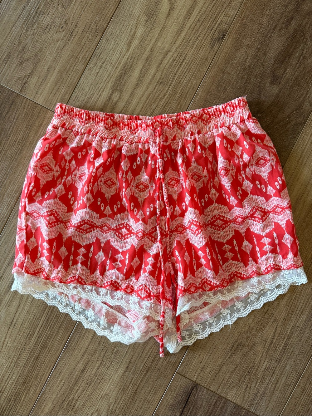 Deb Coral-Red Patterned Lace-Trim Sleep Shorts